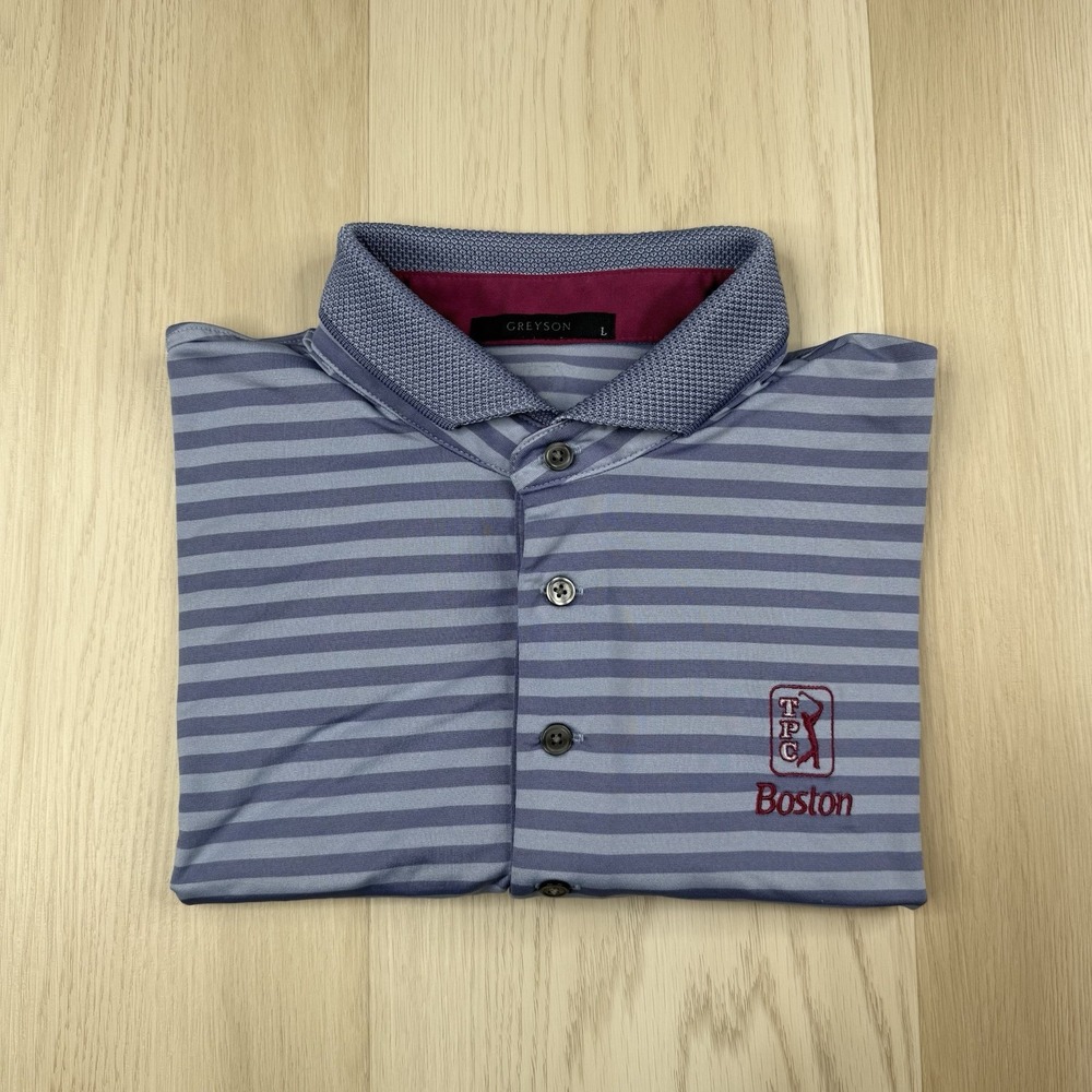 Greyson Golf Performance Polo Shirt Striped Mens Size L Large Wolf TPC Boston